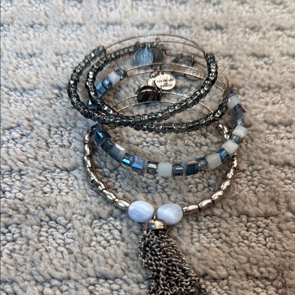 Alex and Ani Silver and Blue Layered Bracelet Set with Tassel